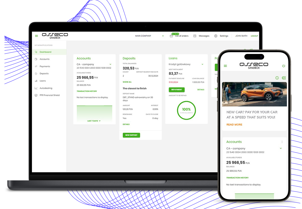 Nexio corporate internet banking shown on a laptop and phone, with company account balances, deposits, and loans