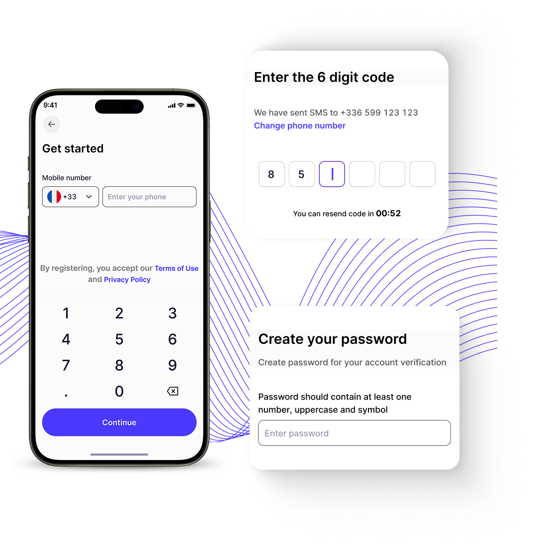 Nexio digital onboarding registration screen on a phone, with one-time password and password setup steps shown alongside it