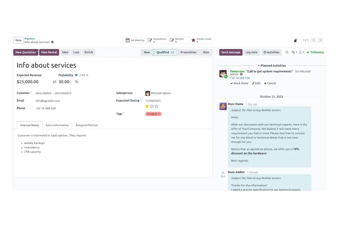 Odoo opportunity record with its scheduled activities and full message history