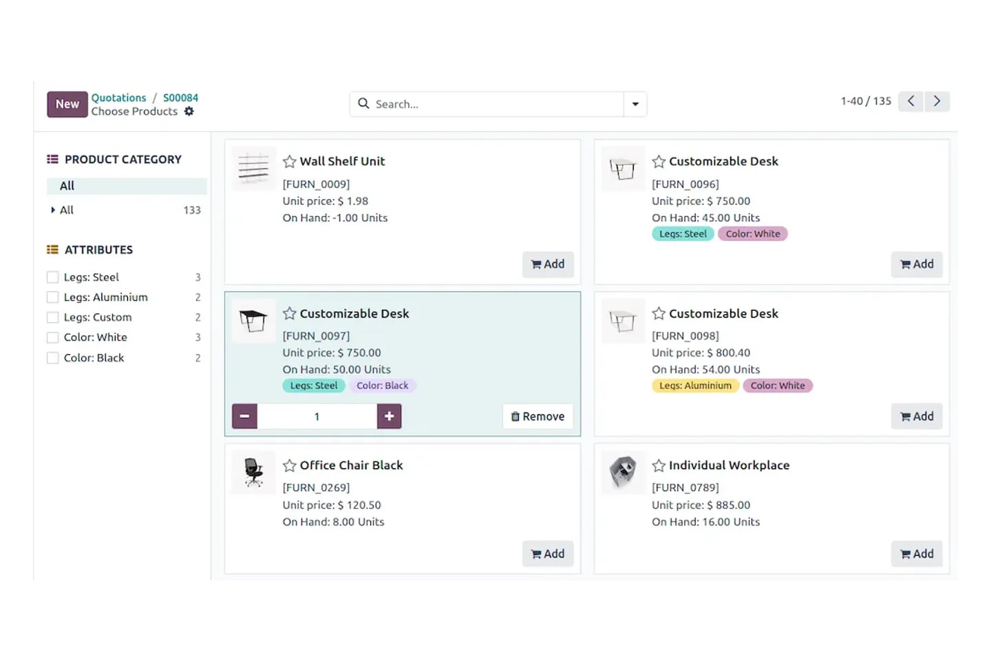 Odoo quotation generated from an opportunity, with product lines and pricing