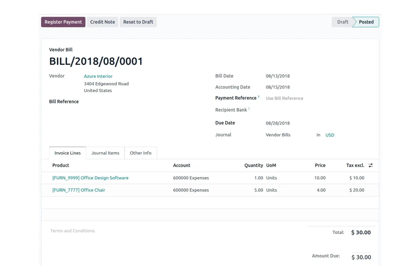 Odoo customer invoice with its line items and the journal entry it posts