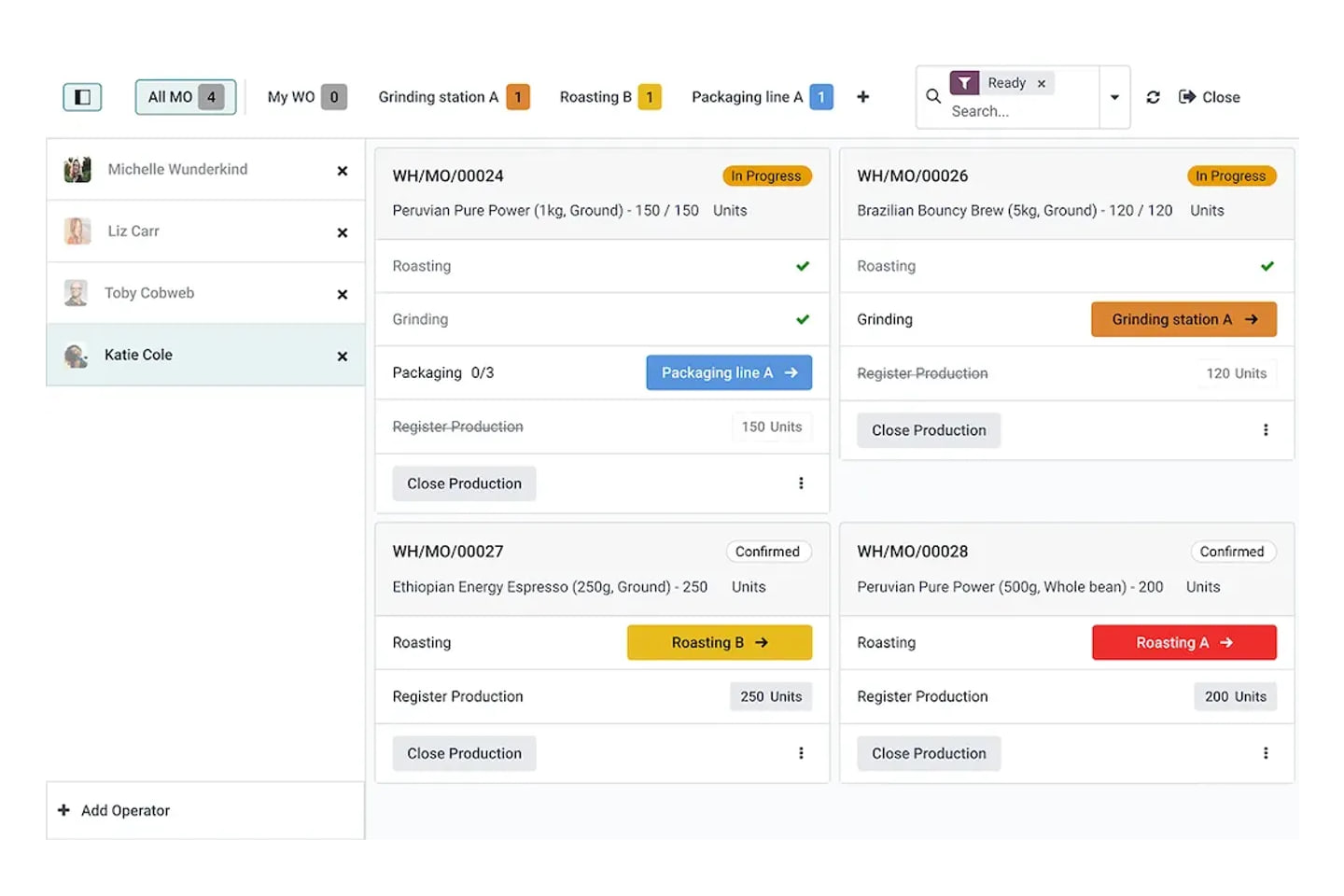Odoo manufacturing orders overview listing orders and their state