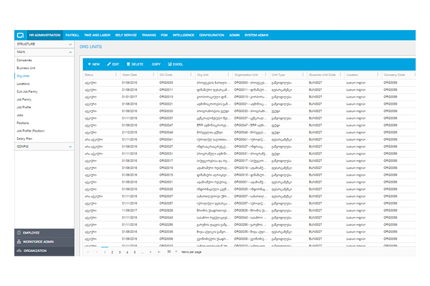Onyx HRMS org units register listing companies, business units, unit types, and locations