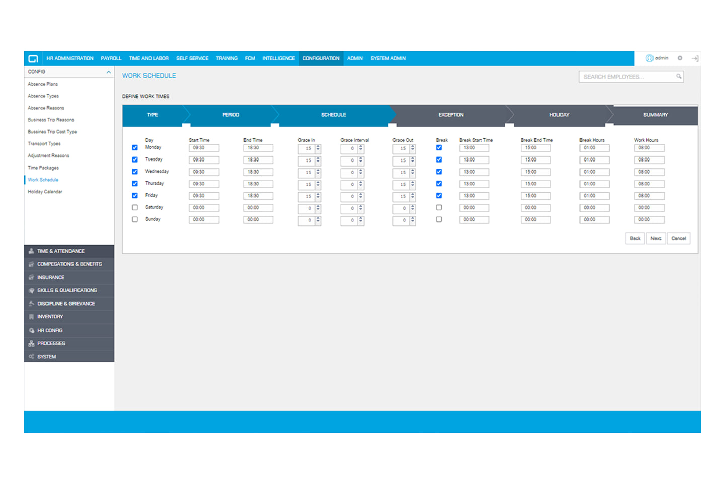 Onyx HRMS work schedule setup defining start and end times, grace intervals, breaks, and work hours per weekday