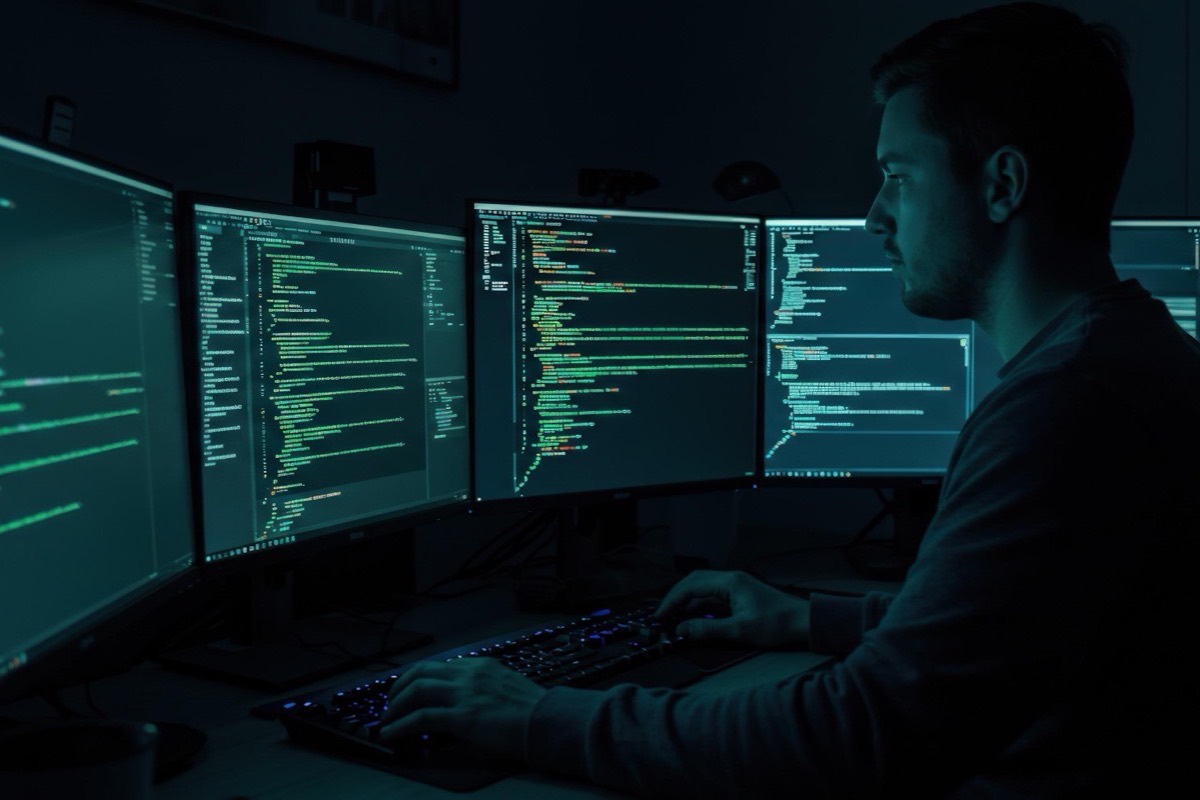Security analyst working across several monitors in a darkened operations room