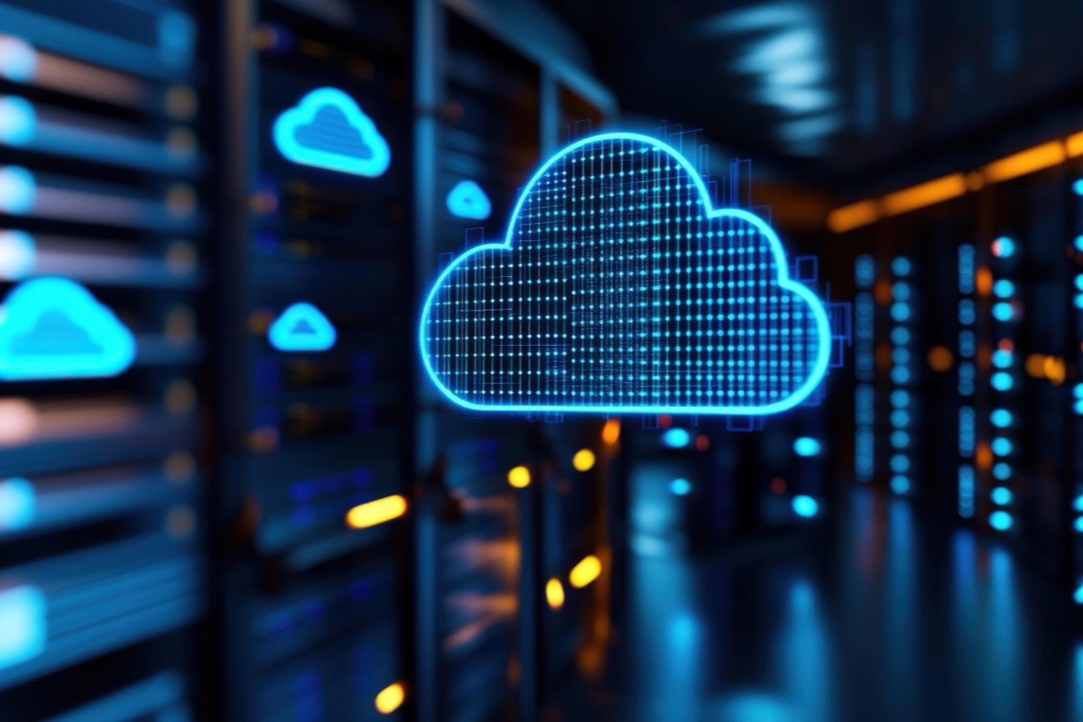 Rows of server racks with a cloud graphic overlaid