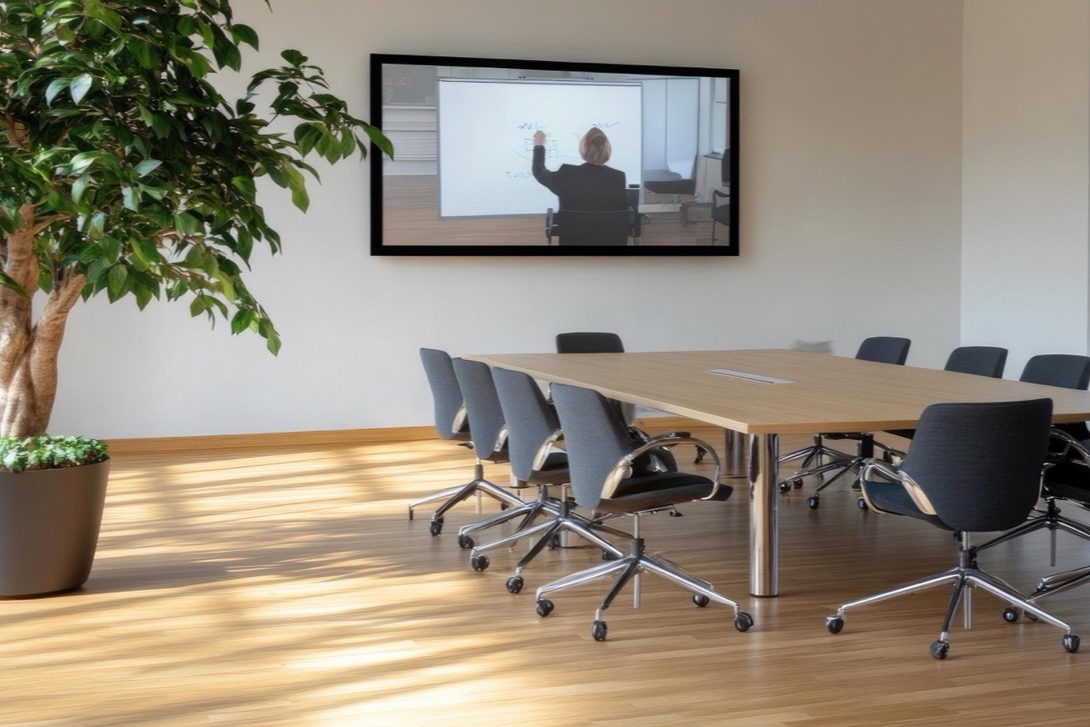 Conference room set up with a wall display for a corporate meeting