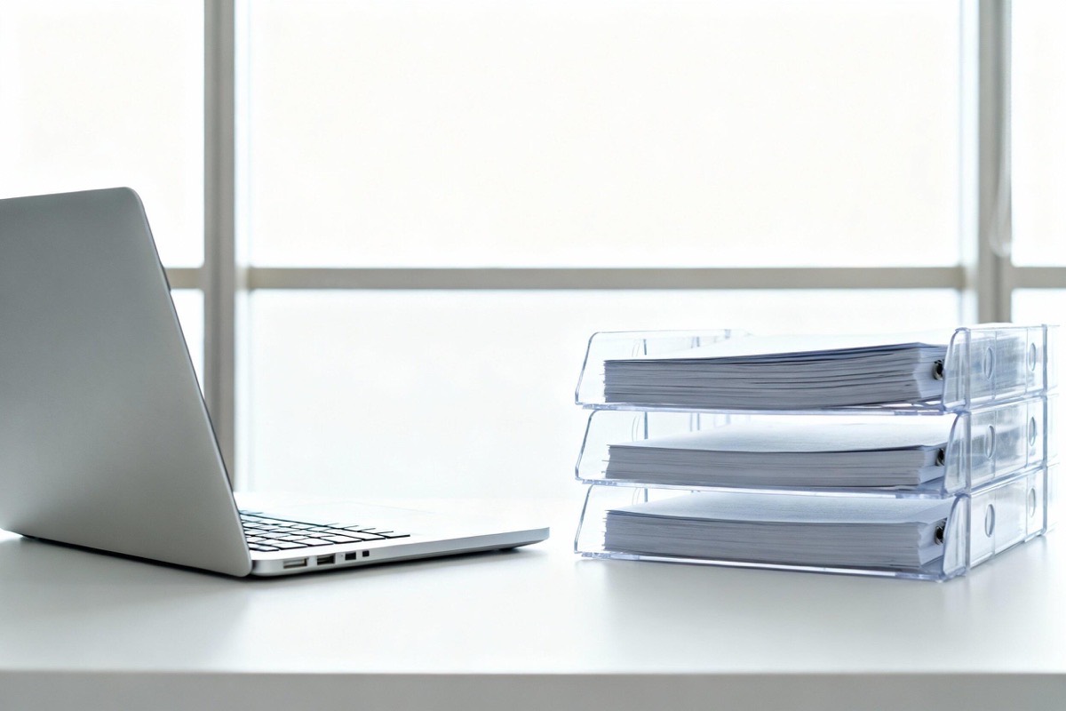 Stacked document trays of policy paperwork beside a laptop on an office desk