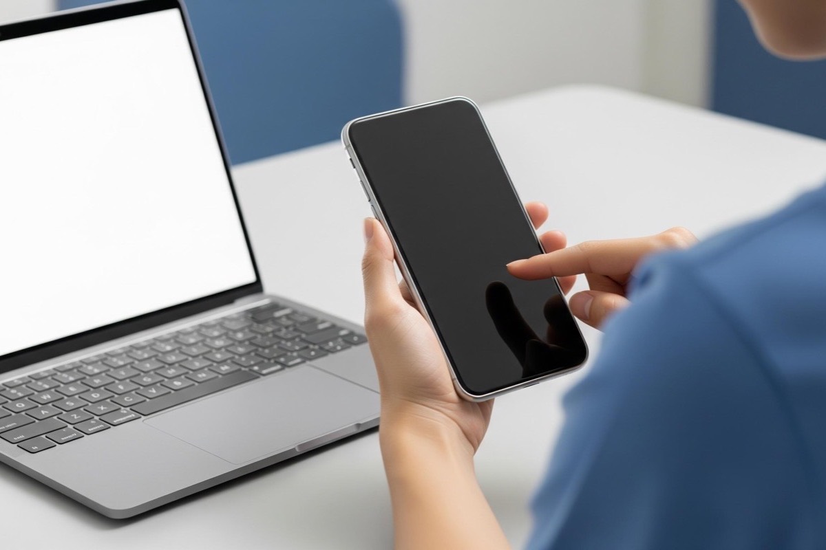 Registering for a banking product on a smartphone at a desk