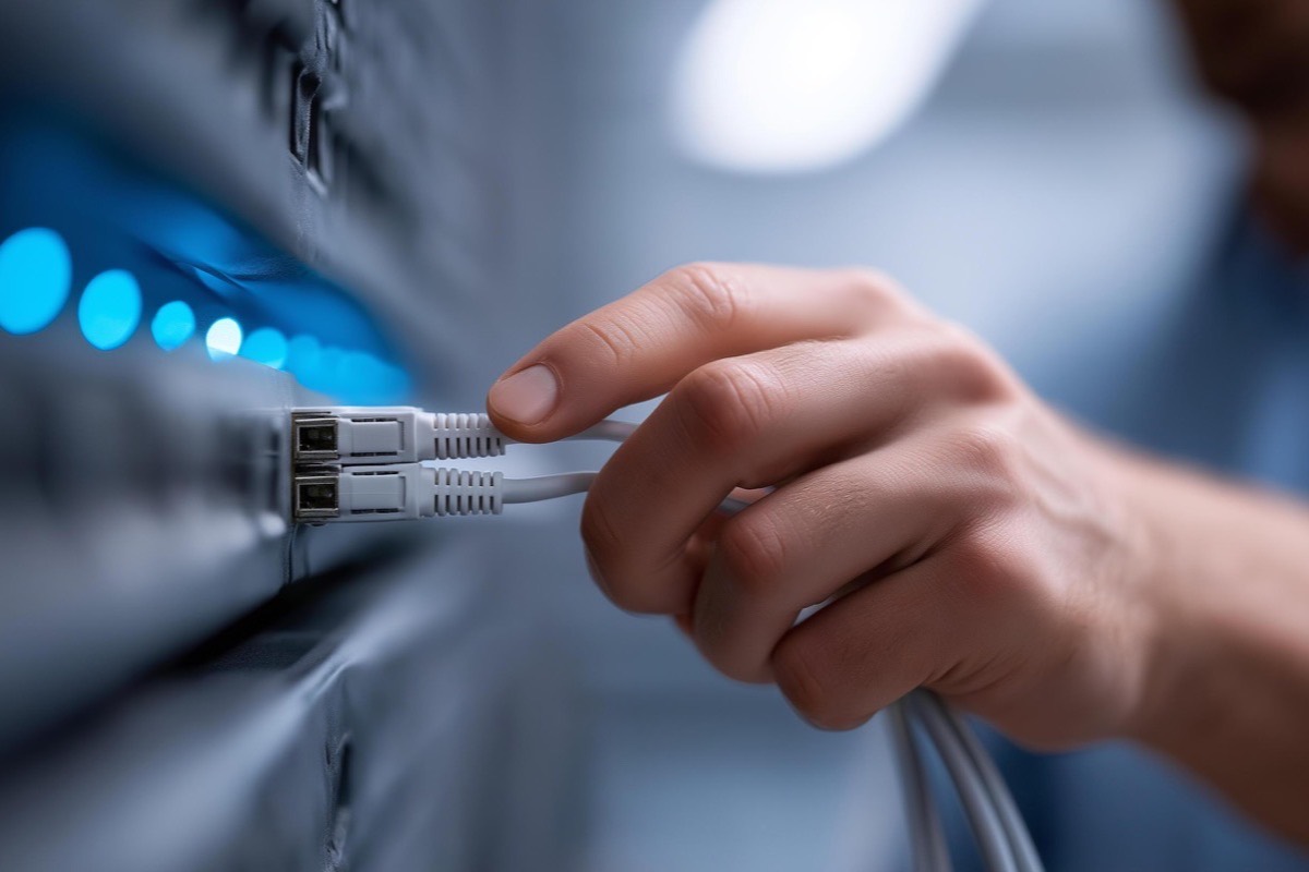 Technician connecting a patch cable into a port on a live network switch