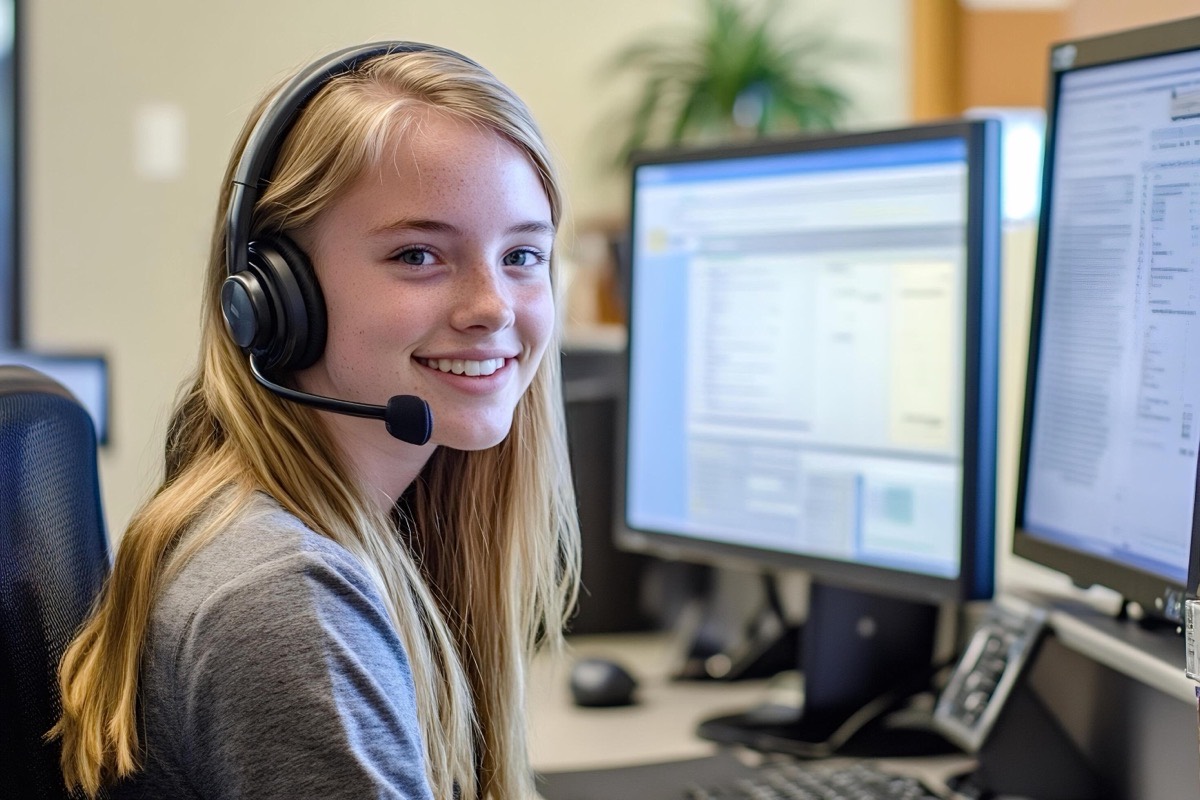 Service desk operator on a headset working across two monitors