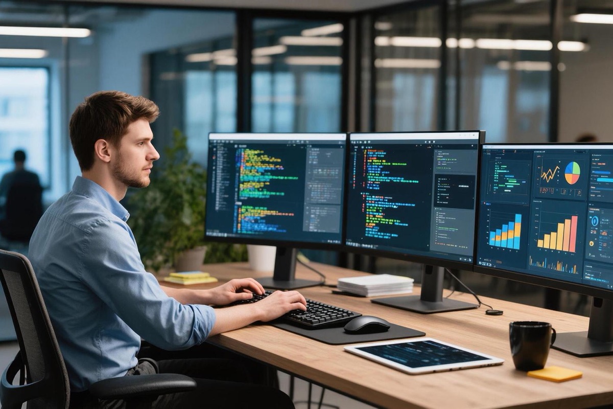Software developer writing code across three monitors at a desk in an open-plan office