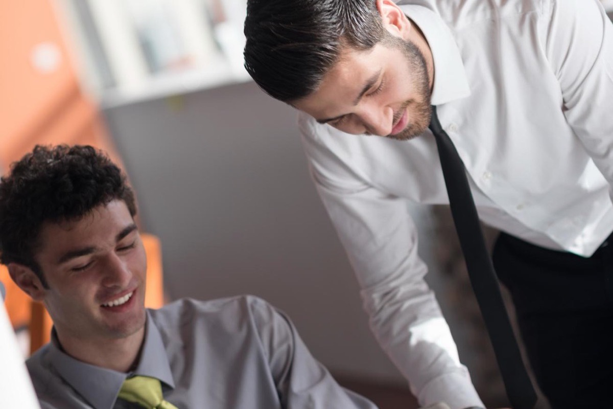 Software team working together in an office
