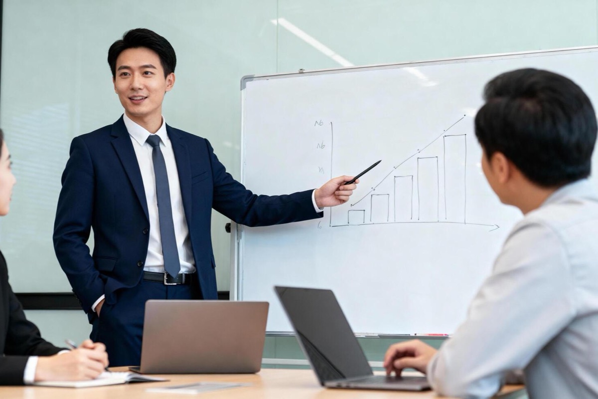 Consultant sketching a growth chart on a whiteboard while two colleagues follow along on laptops in a meeting room