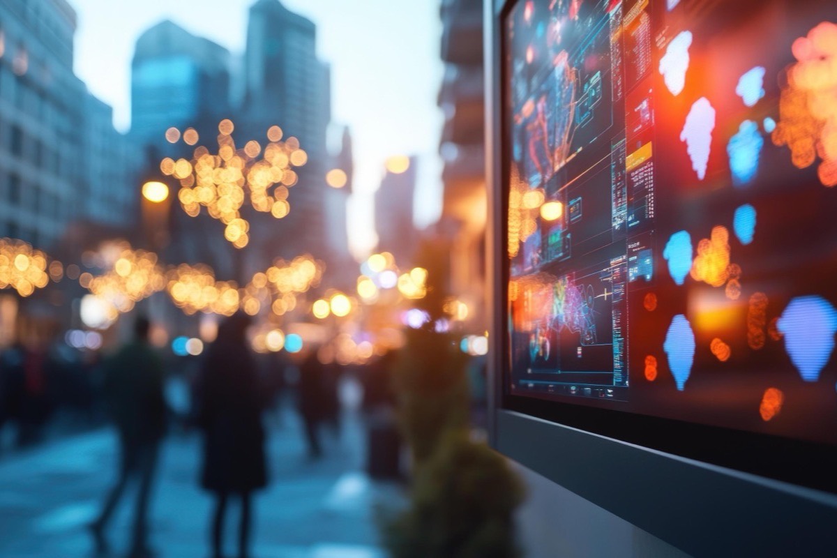 Outdoor digital display showing live data on a city street